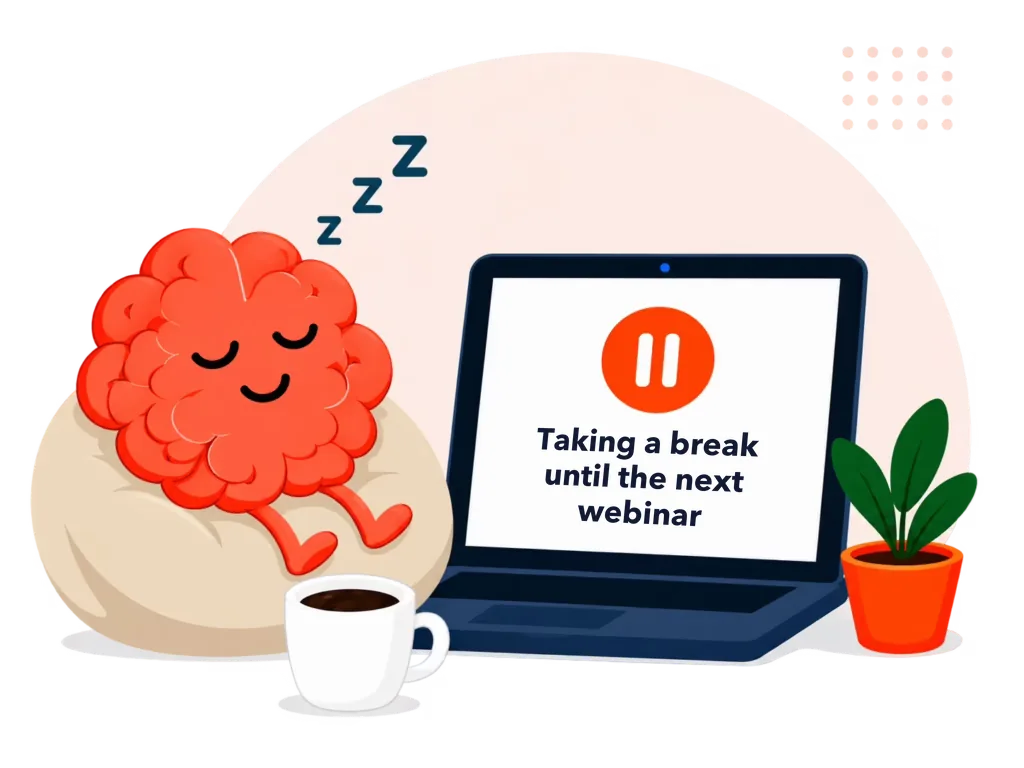 Illustration: a sleepy brain relaxing next to a paused laptop