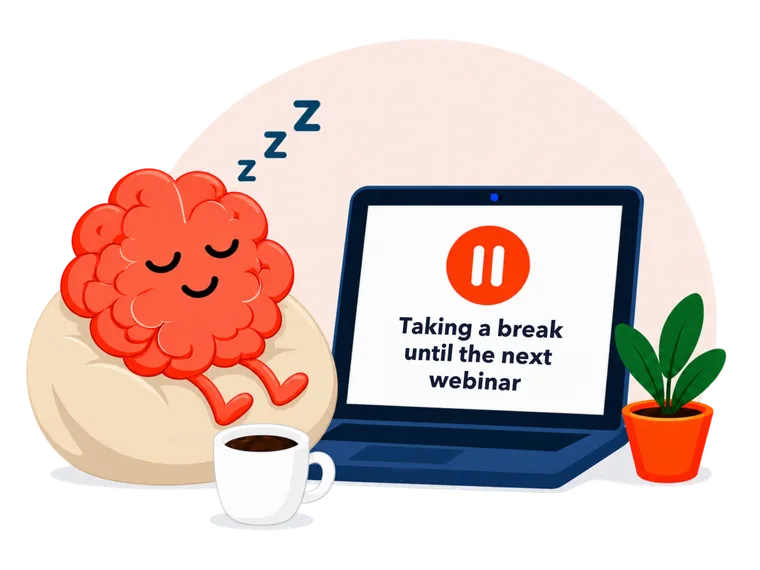 Illustration: a sleepy brain relaxing next to a paused laptop